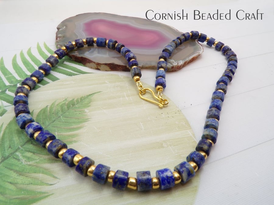 SALE - Adorable Blue Lapis Lazuli Necklace -Gold Toho Beads-14K Gold Clasp.