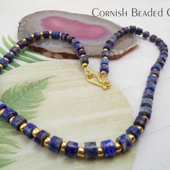 SALE - Adorable Blue Lapis Lazuli Necklace -Gold Toho Beads-14K Gold Clasp.