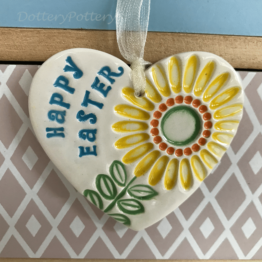 Small Ceramic heart Easter decoration Sunflower