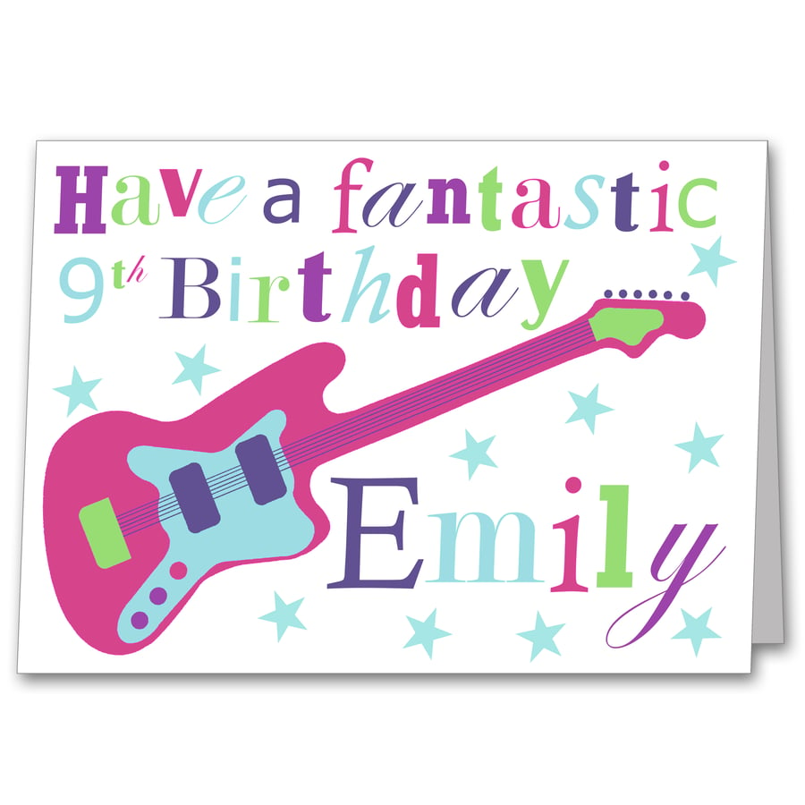 Girls or Teenage Girl Guitar Personalised Birthday Card, Kids Music Card.