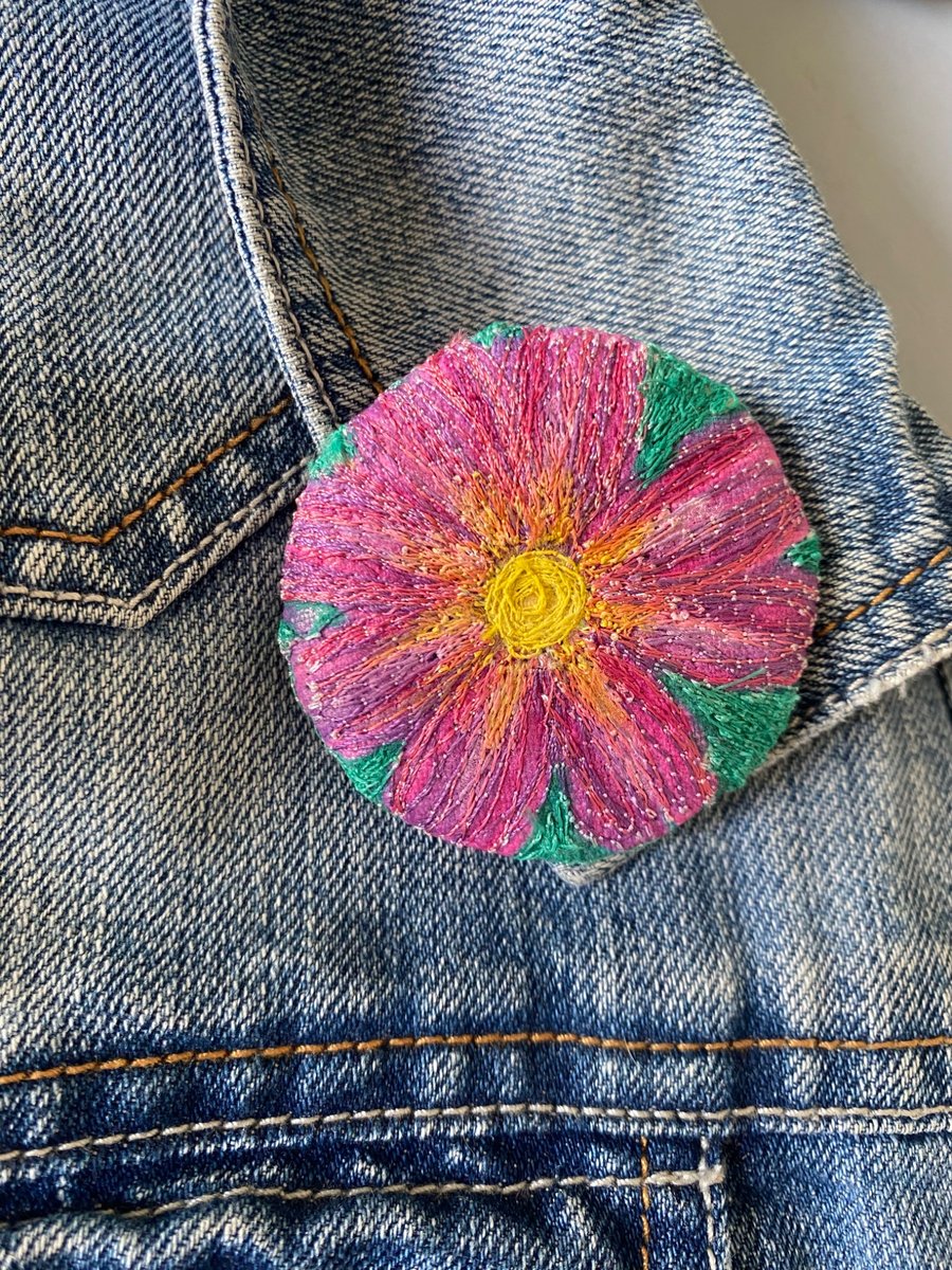 Machine embroidered flower brooch