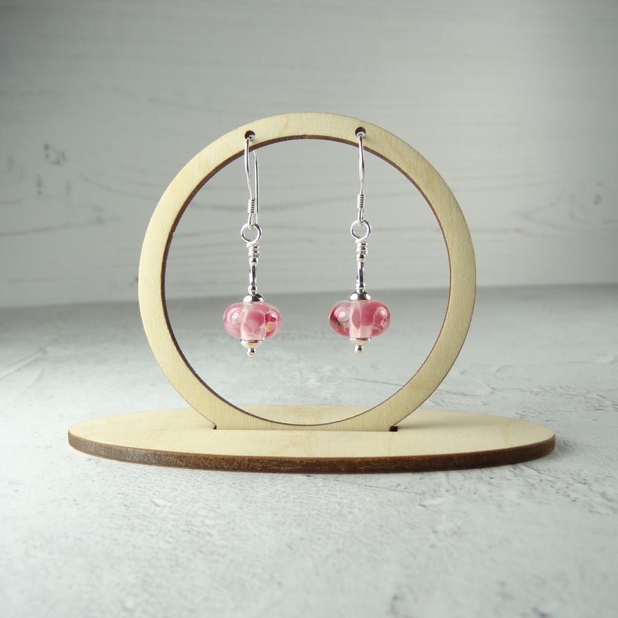 Pink speckled lampwork glass drop earrings, sterling silver, gift box