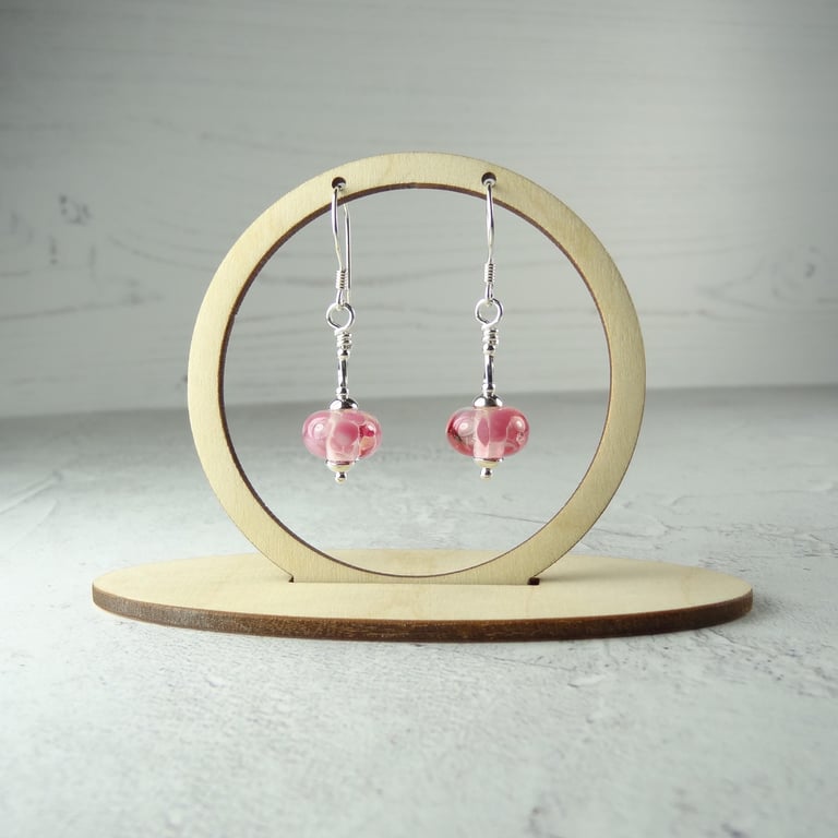 Pink speckled lampwork glass drop earrings, sterling silver, gift box