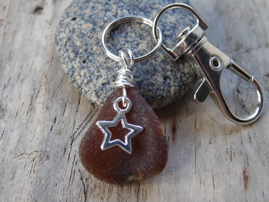 Amber Cornish Sea Glass with Star Charm Bag Charm Keyring K458