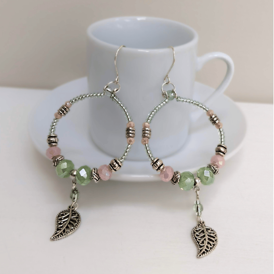 Boho Style Hoop Earrings In Pink and Green with Leaf Dangle Charm