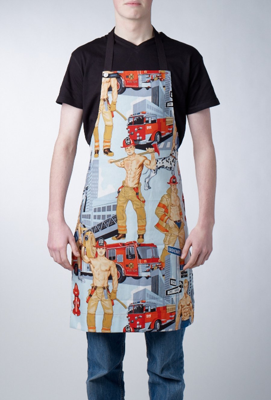 GAYPRON in retro 'Firefighters Blue' pin-up fabric by Alexander Henry