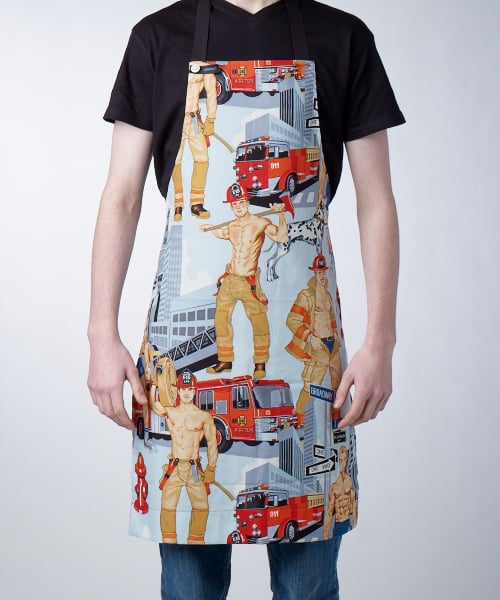 GAYPRON in retro 'Firefighters Blue' pin-up fabric by Alexander Henry