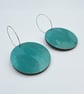 Turquoise large hand printed dangly disc wooden hoop earrings - Image 3