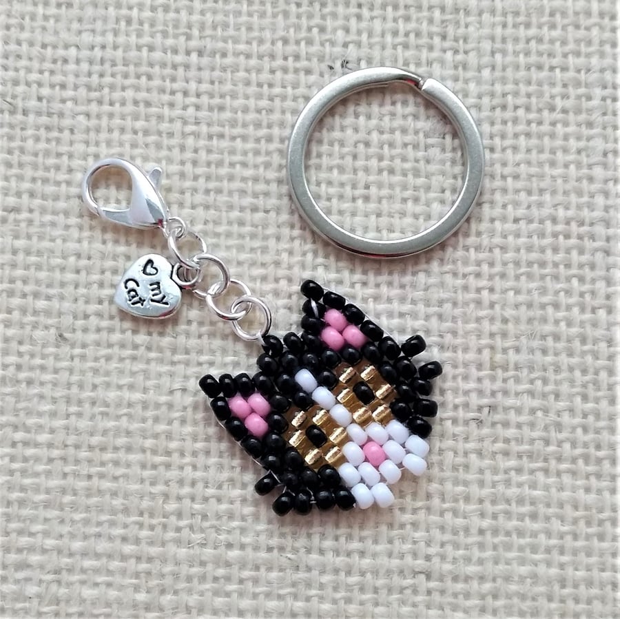 Beaded Cat Charm Keyring