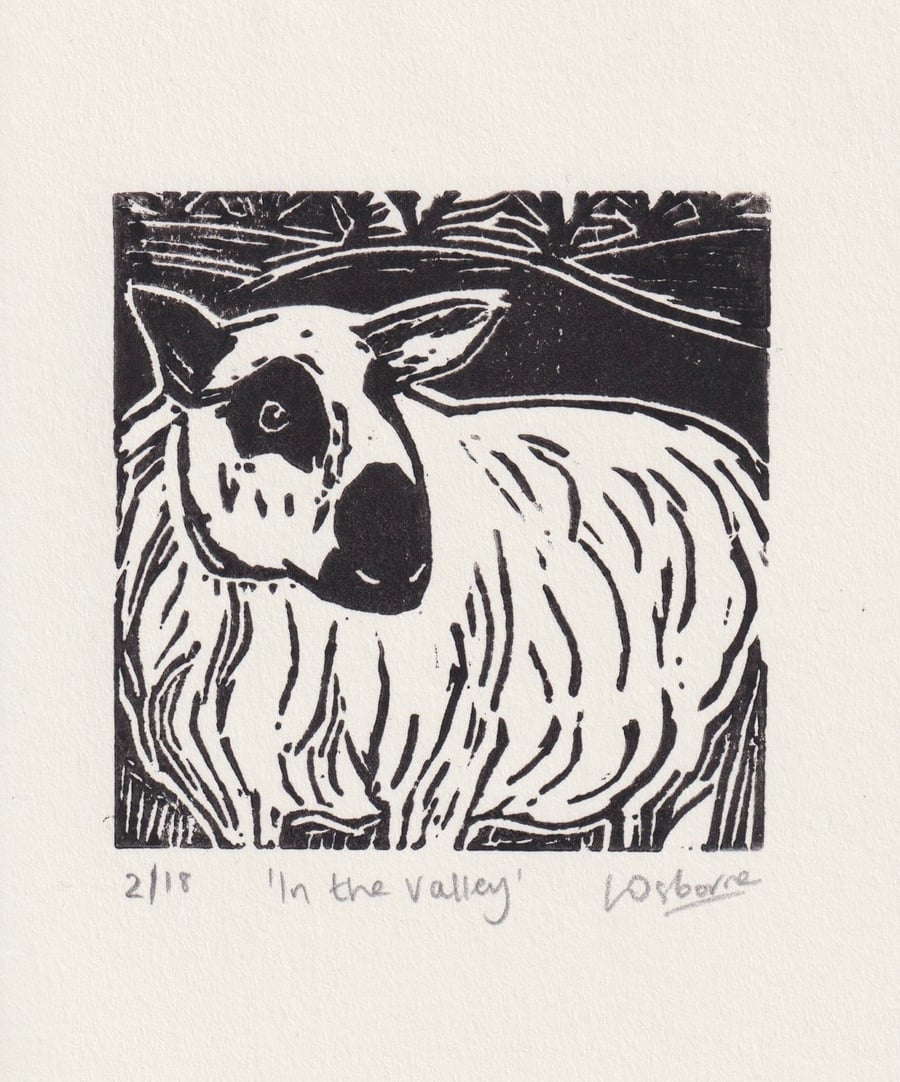 In the Valley - original linocut of a sheep