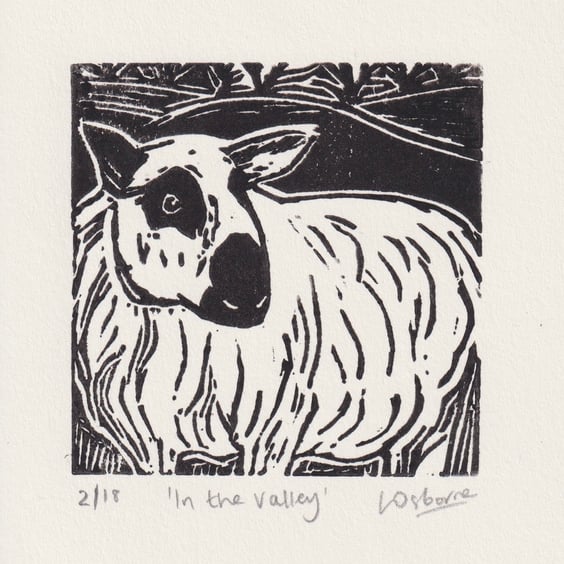 In the Valley - original linocut of a sheep