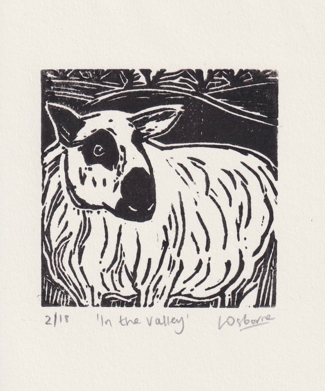 In the Valley - original linocut of a sheep