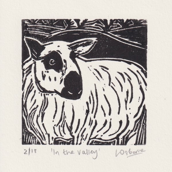 In the Valley - original linocut of a sheep