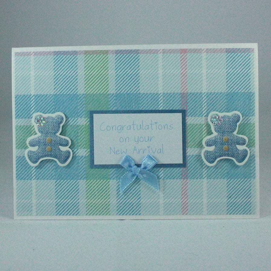 Handmade new baby card - blue teddy bears