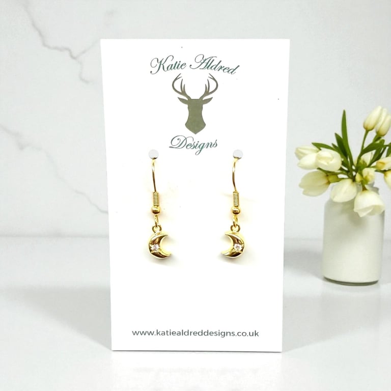 Charm Earrings - 3D Gold Moon with Rhinestone