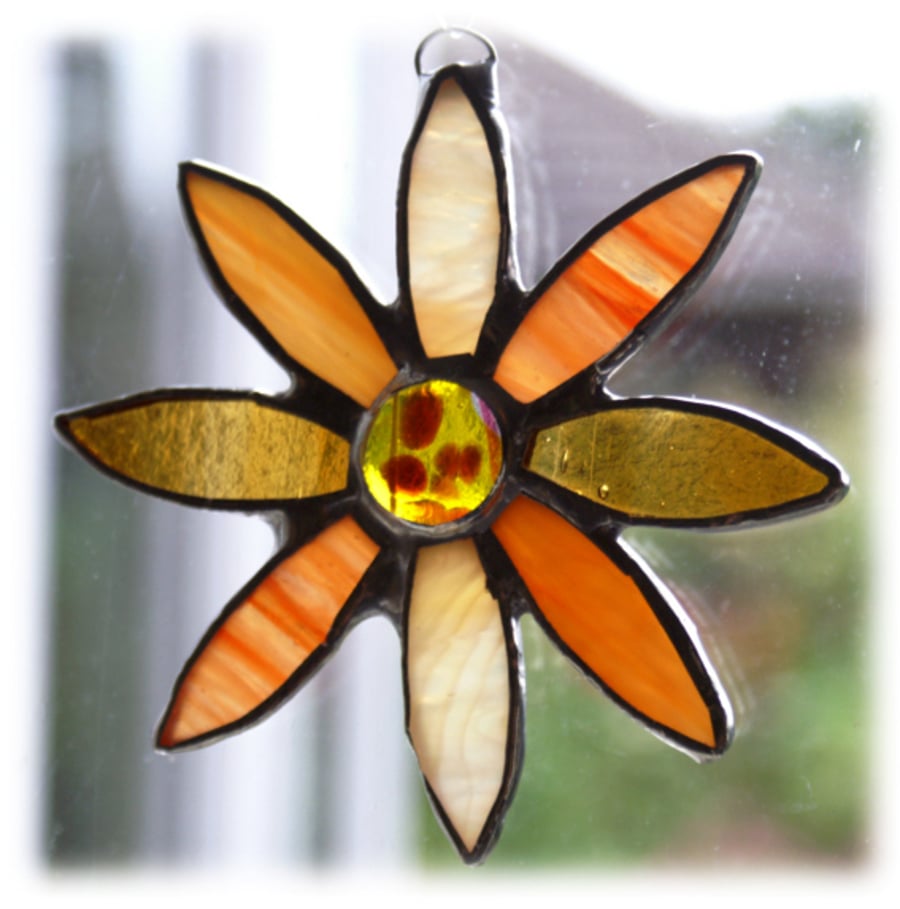 SOLD Peach  Daisy Stained Glass Suncatcher Flower Handmade 033