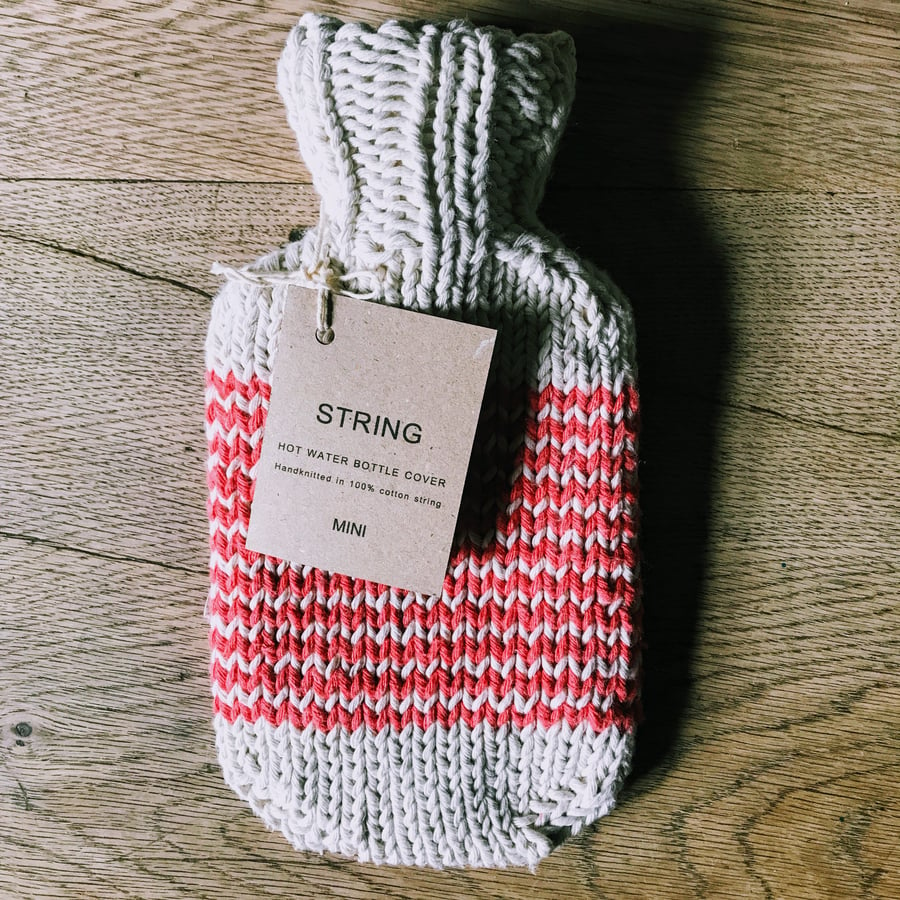 Mini Hot Water Bottle & Cover hand knitted in cotton string - RED STRIPE