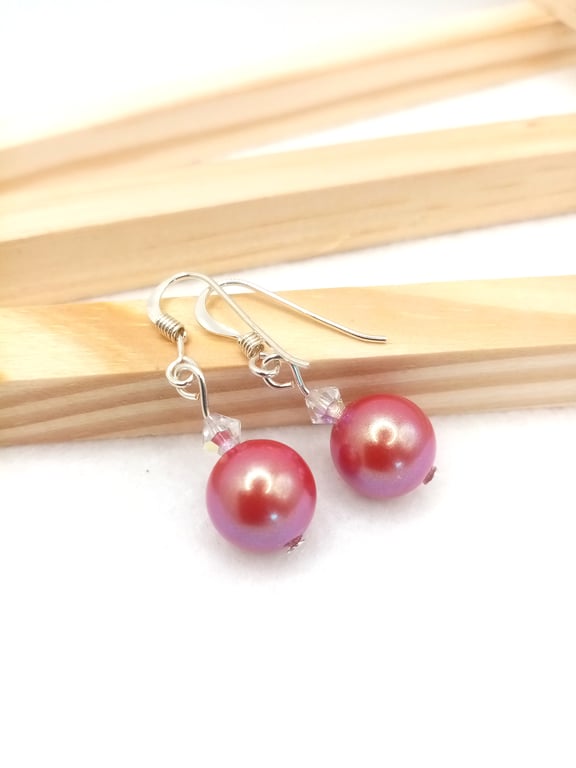 Pearlescent Red Crystal Pearl Earrings - Sterling Silver Earrings