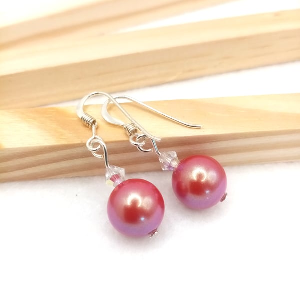 Pearlescent Red Crystal Pearl Earrings - Sterling Silver Earrings