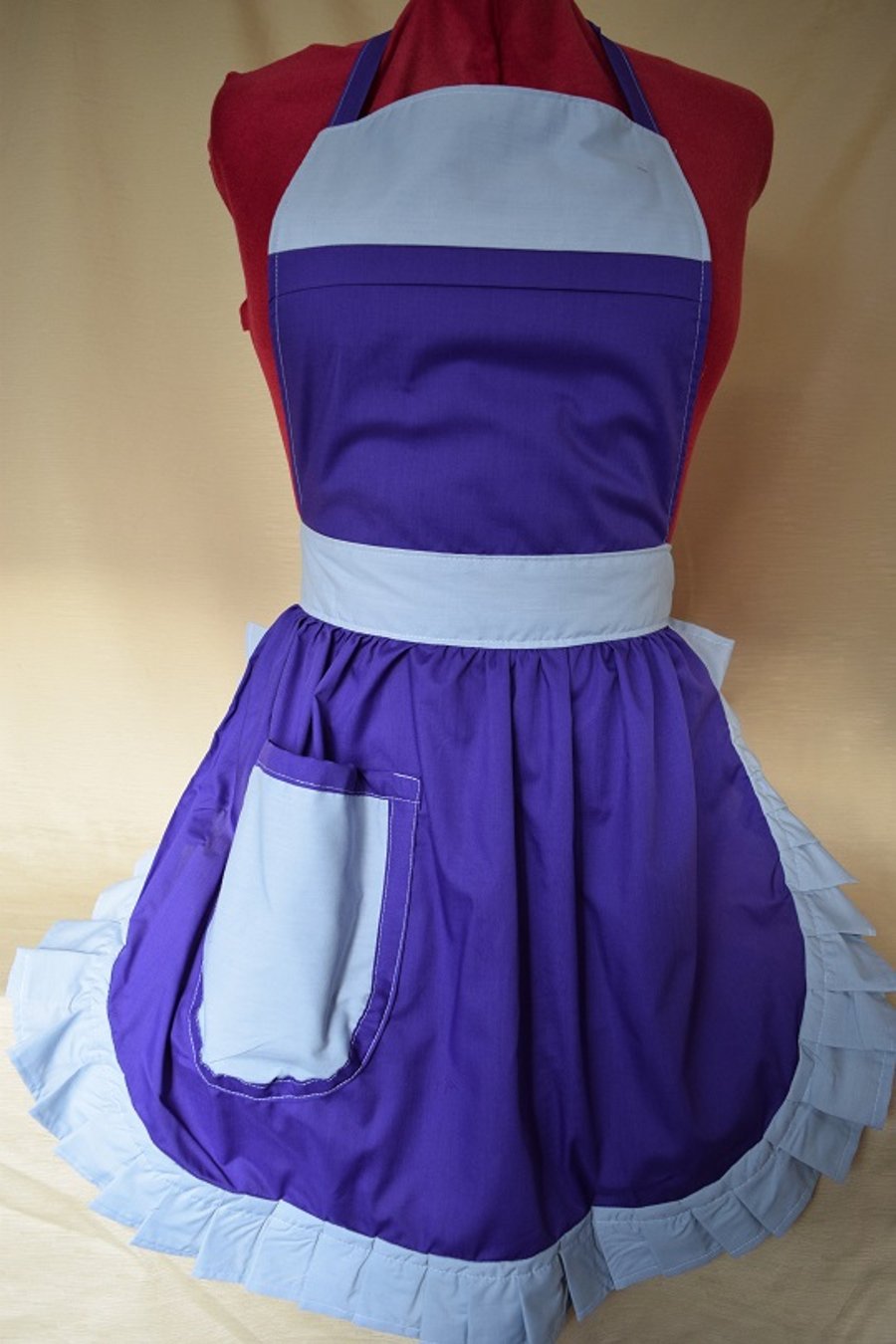 Vintage 50s Style Full Apron Pinny - Purple with Silver Grey Trim