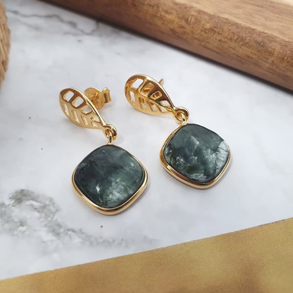 Green Gemstone Seraphinite Drop Stone Crystal Healing Earrings