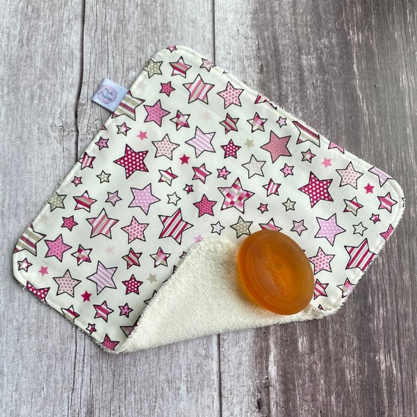 Organic Bamboo Cotton Wash Face Cloth Flannel Pink White Multi Stars