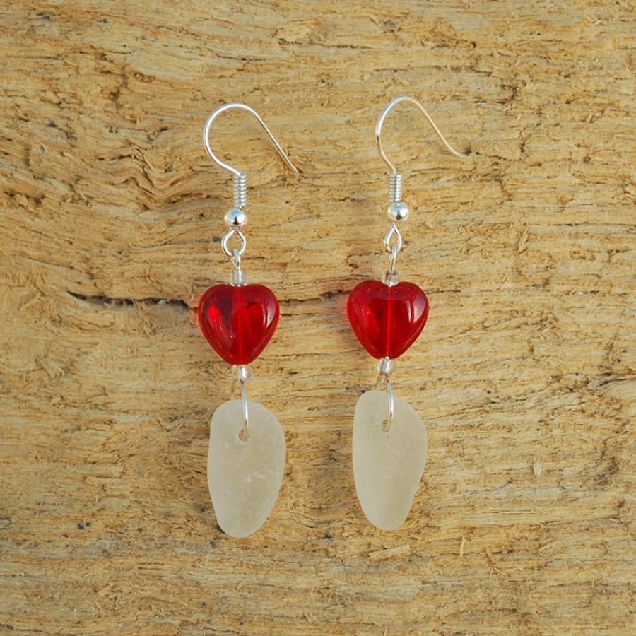Sea glass earrings with red hearts
