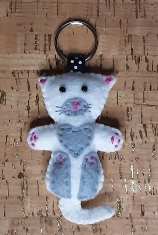 Cat on back White & Light Grey Felt Keyring - Bag Charm