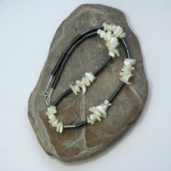 Haematite and Mother-of-Pearl Gemstone Necklace with Sterling silver