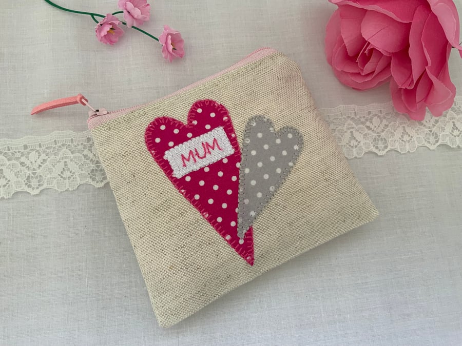 Fabric Coin Purse, Zipped Purse, Purse, Card Holder, Applique, Mothers Day