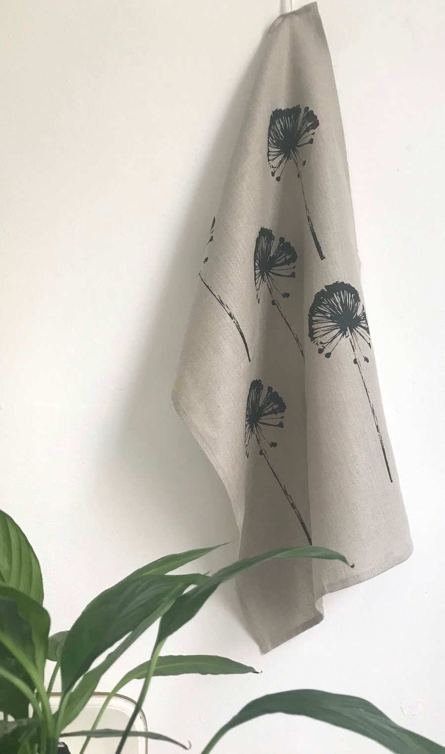 Allium Seedheads Natural Linen hand printed Tea Towel black print