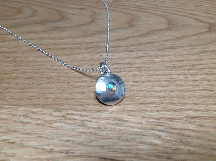 Labradorite Sterling and Fine silver domed dainty disc pendant necklace