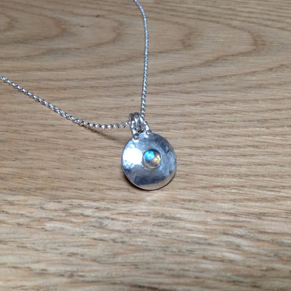 Labradorite Sterling and Fine silver domed dainty disc pendant necklace