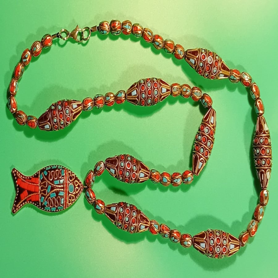  Handmade necklace pendant Indonesian beads and Indonesian Fish pendant 