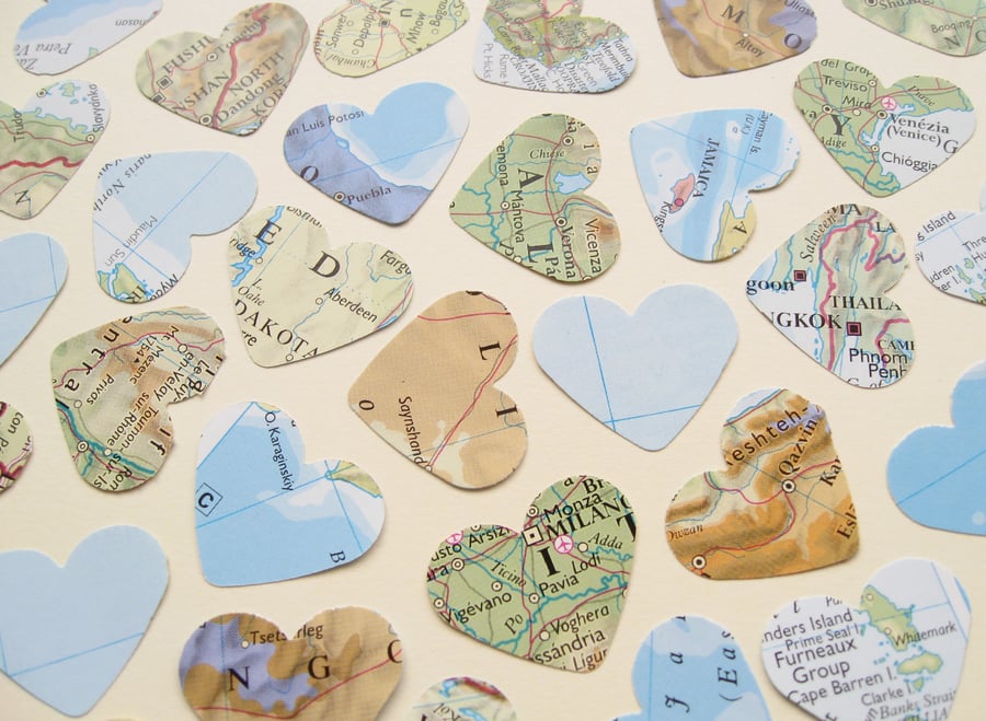 100 Confetti Map Atlas Hearts - Wedding Birthday Travel Decor - Heart Die Cut