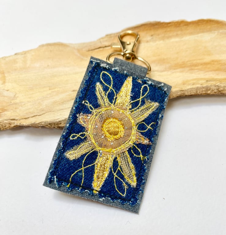 Up-cycled golden denim Sun key ring or bag charm.