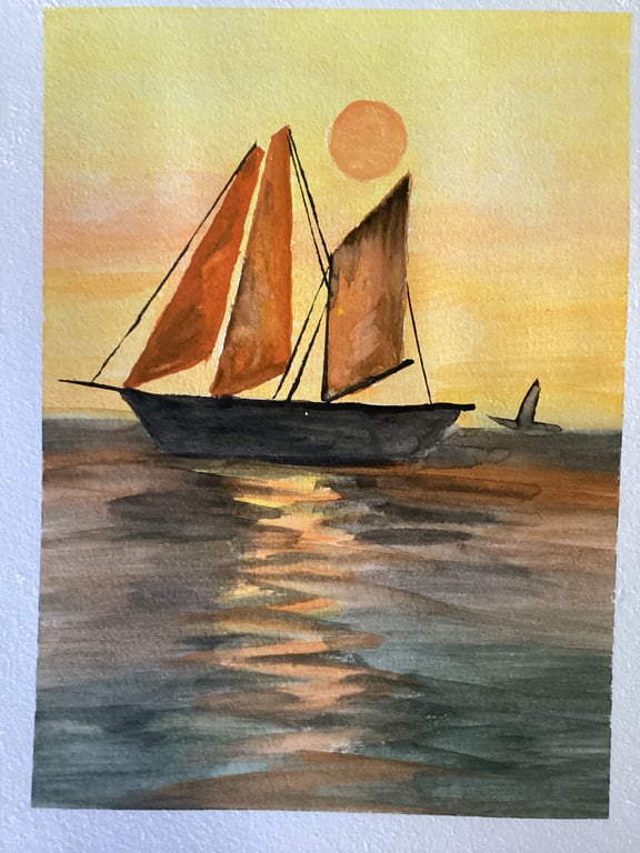 Boat on sea, colourful rustic painting ,sea cast,warm glow,