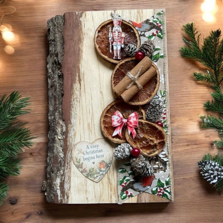 Live Edge Christmas Wooden Wall Plaque. Festive Robin & Dried Orange Wall Art