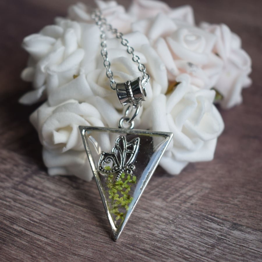 Butterfly and Green Flower Triangle Pendant Necklace, Botanical Jewellery
