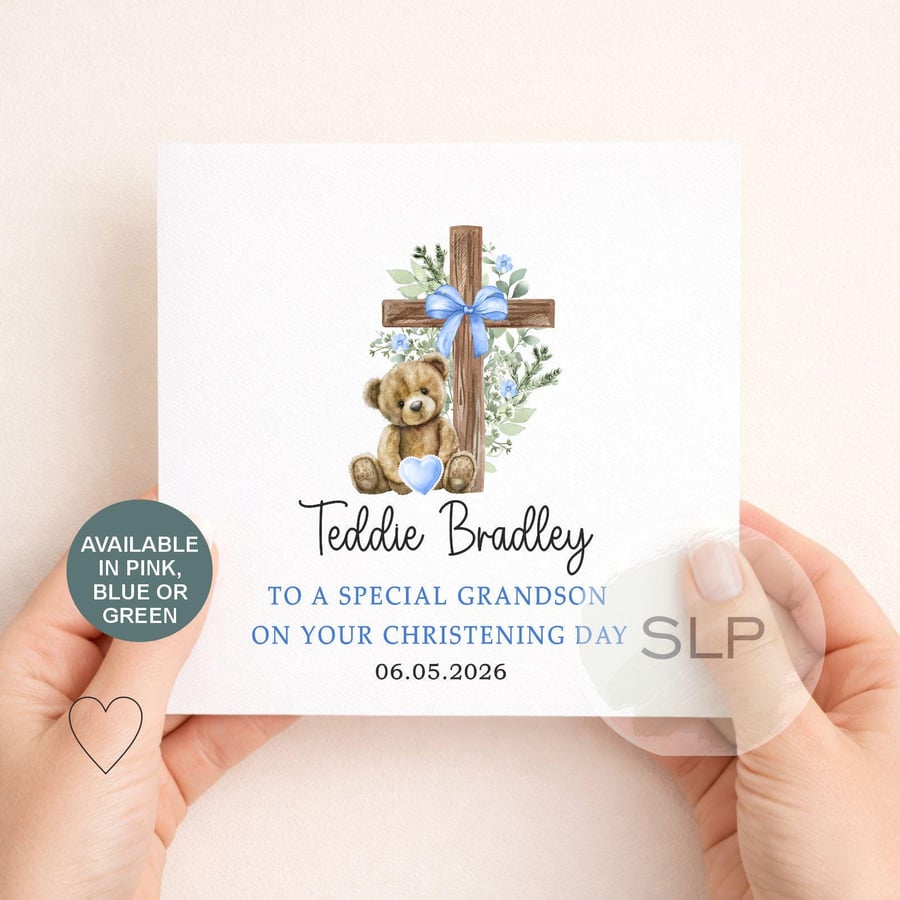 Personalised Christening Card Teddy Bear & Cross Baptism Card Grandson