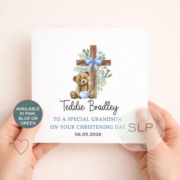 Personalised Christening Card Teddy Bear & Cross Baptism Card Grandson