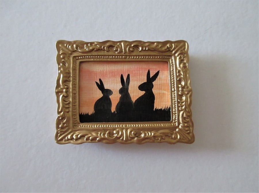 Doll House Miniature Original Painting Framed with Bunny Silhouette Rabbit 