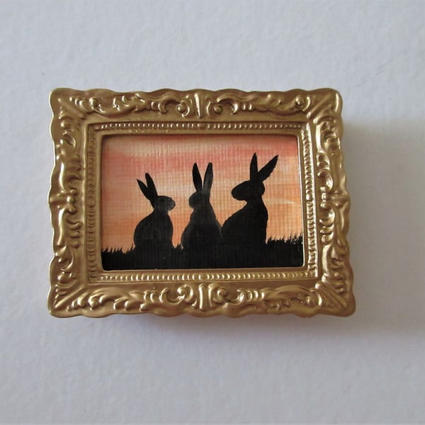 Doll House Miniature Original Painting Framed with Bunny Silhouette Rabbit 