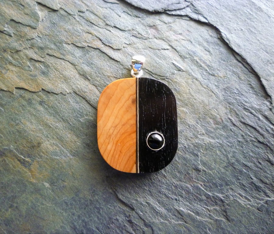 Yew, Ebony and Onyx Wood Pendant, silver