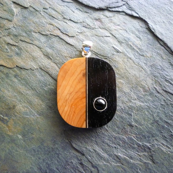 Yew, Ebony and Onyx Wood Pendant, silver