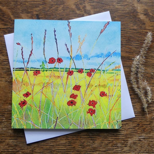 Poppy Flower Summer Fields Greeting Card from Original Watercolour Painting