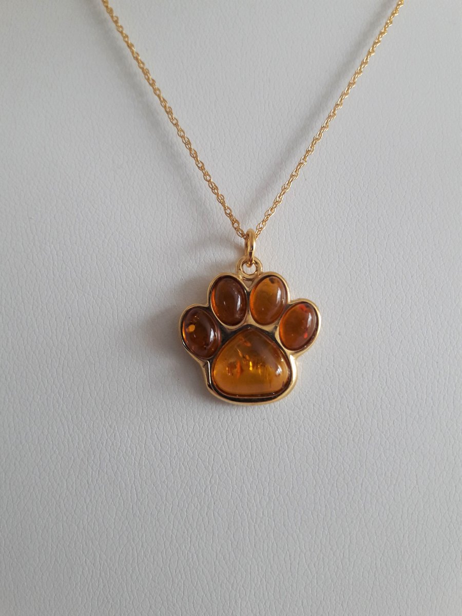 Amber Golden Cognac Paw Print Necklace. Bespoke, Sterling Silver, Gift for Her
