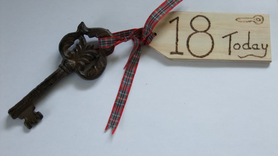18th birthday key of the door celebration of coming of age & wooden tag.