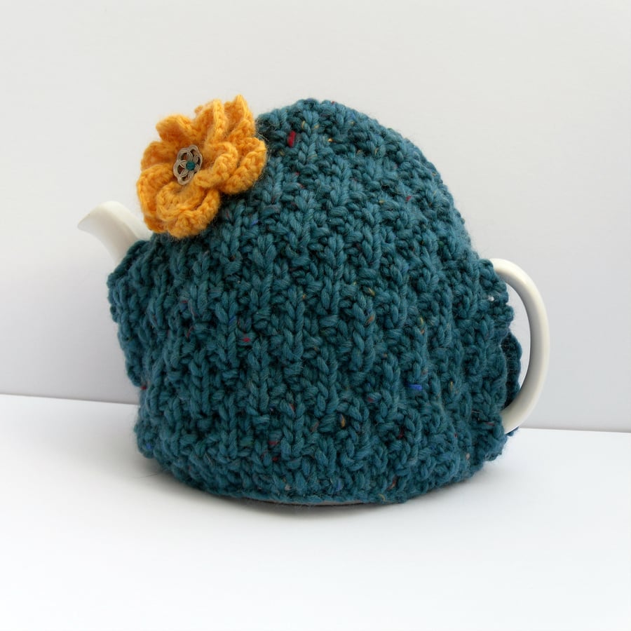 Turquoise Tea Pot Cosy , handknit chunky cover 
