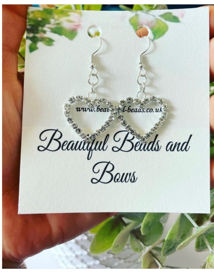 Rhinestone heart outline pendant drop earrings silvertone gift for ladies 